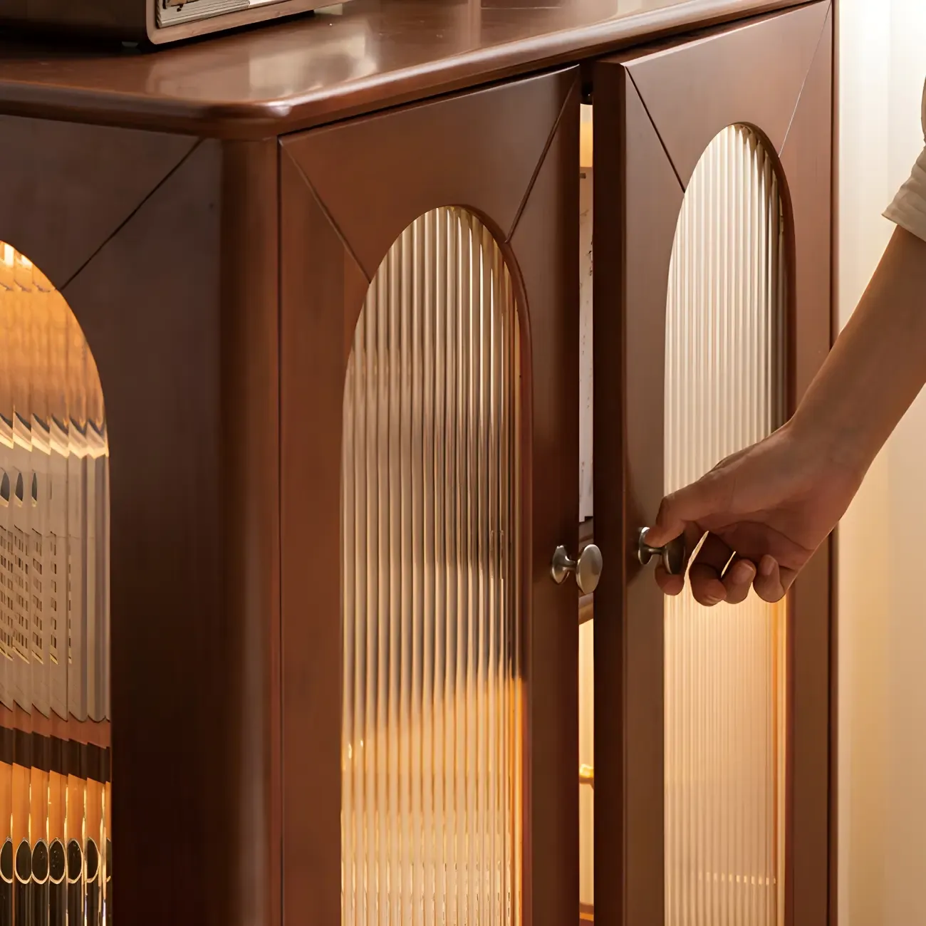 Elegant Wooden Display Cabinet with Glass Doors and Lighting Image - 9