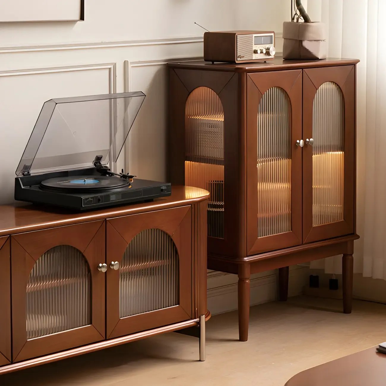 Elegant Wooden Display Cabinet with Glass Doors and Lighting Image - 11