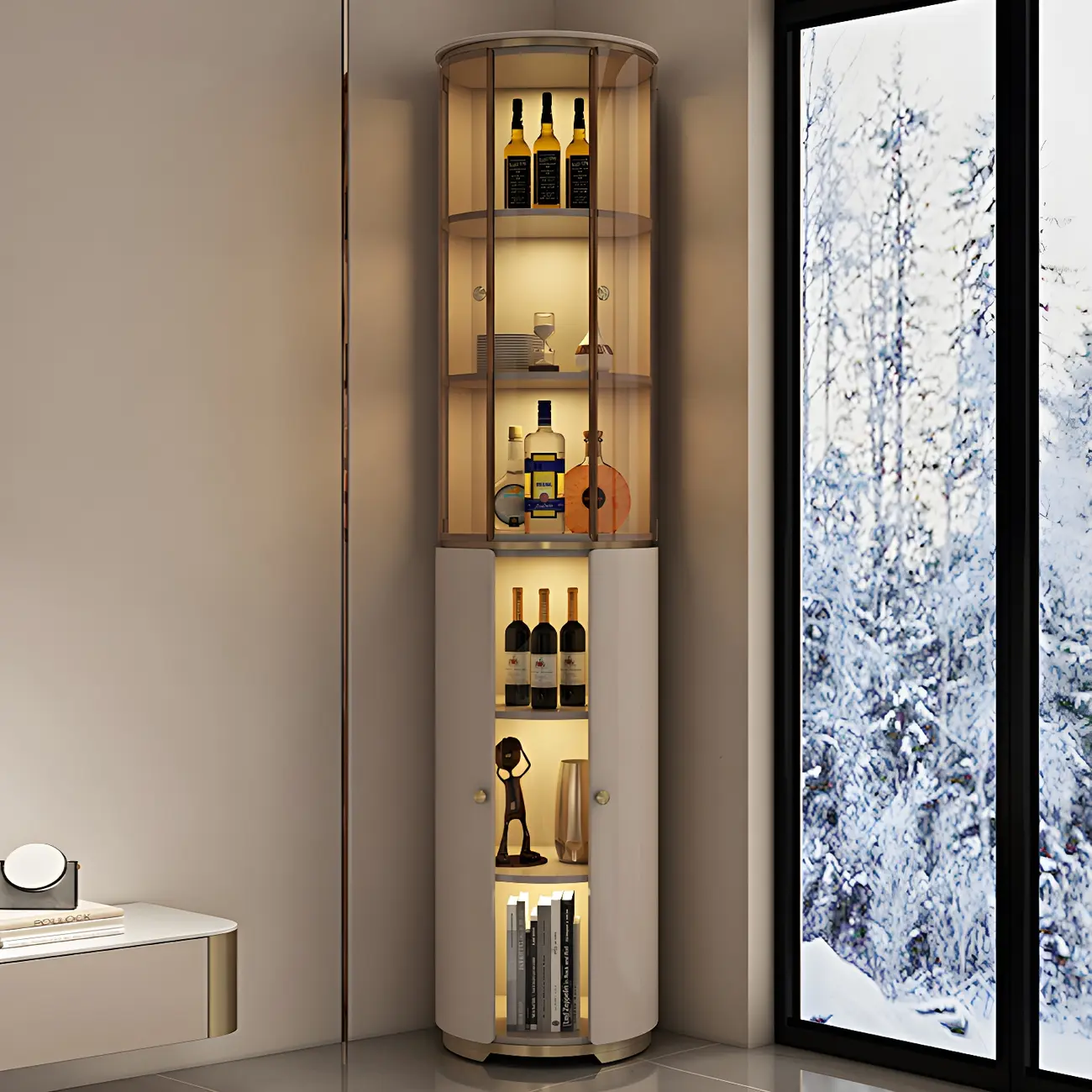 Modern White Wooden Corner Wine Rack with Door Image - 1 | homeyfad
