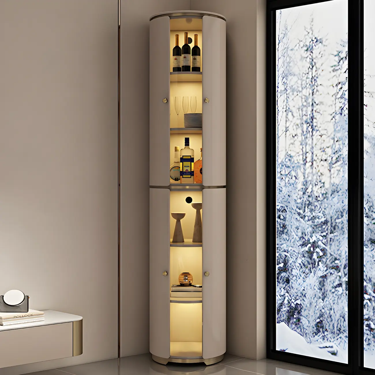 Modern White Wooden Corner Wine Rack with Door Image - 2 | homeyfad