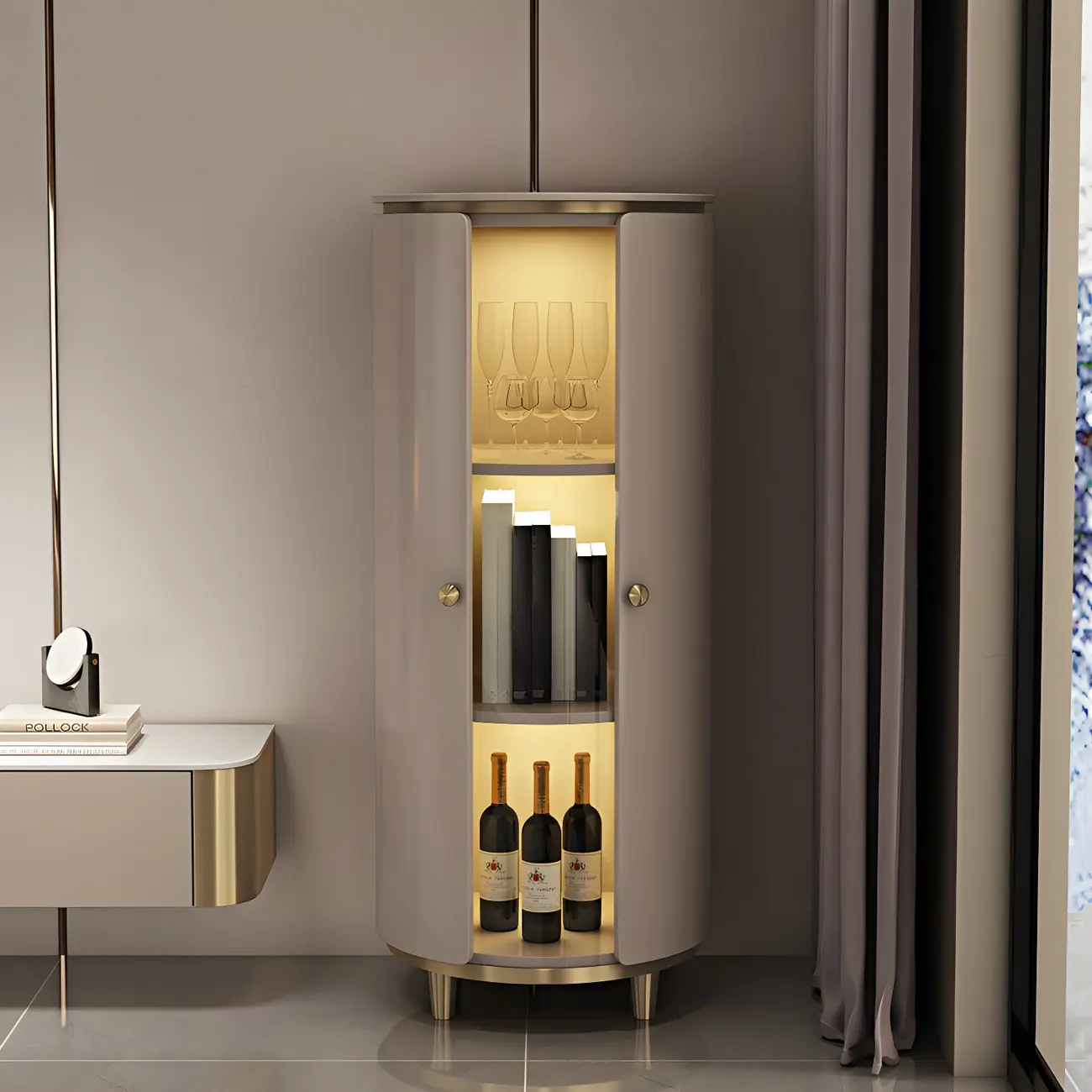 Modern White Wooden Corner Wine Rack with Door Image - 6 | homeyfad