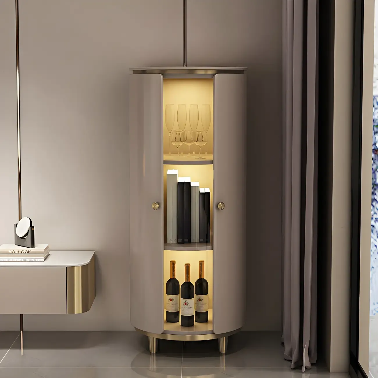 Modern White Wooden Corner Wine Rack with Door Image - 6