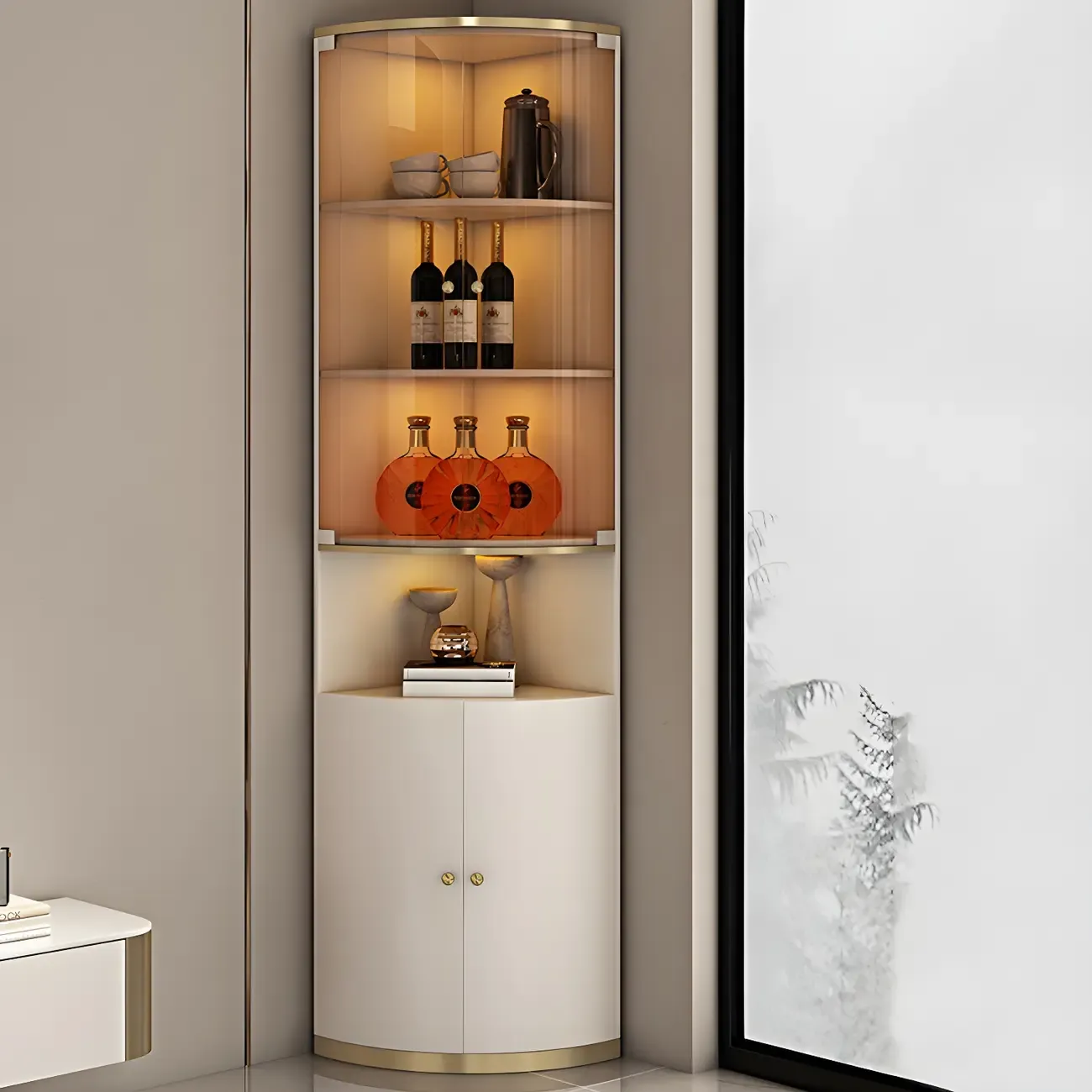 Modern White Wooden Corner Wine Rack with Door Image - 14