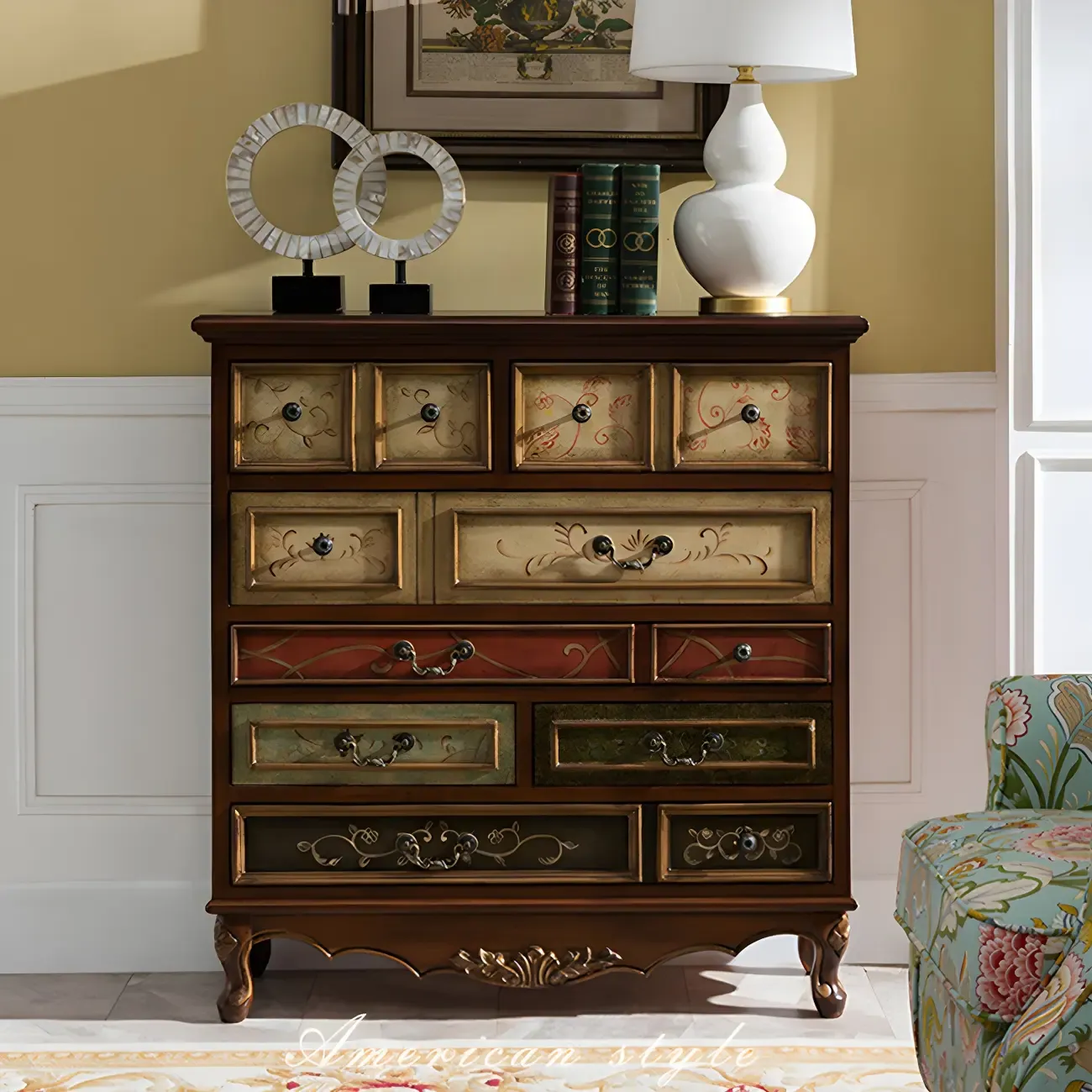 Vintage Wooden Horizontal Dressers with Black Handles for Home Image - 1