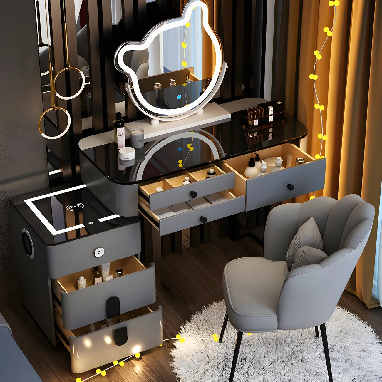 High Capacity Makeup Vanity Set with Lighted Mirror in Bear Shape | homeyfad