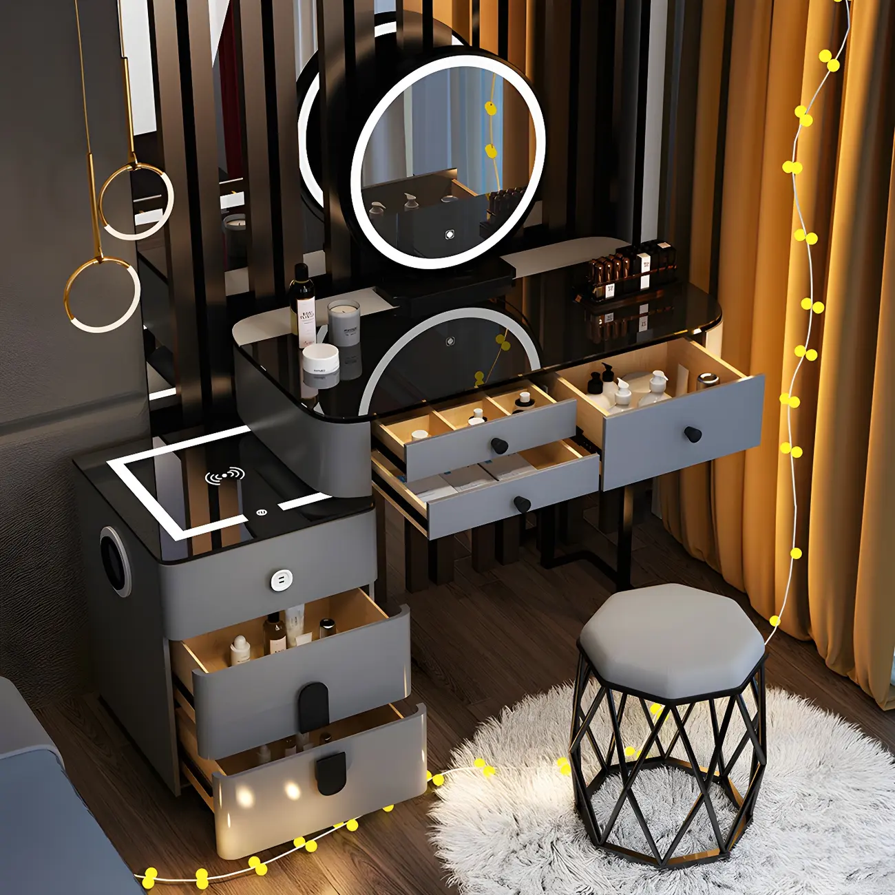 High Capacity Makeup Vanity Set with Lighted Mirror in Bear Shape | homeyfad