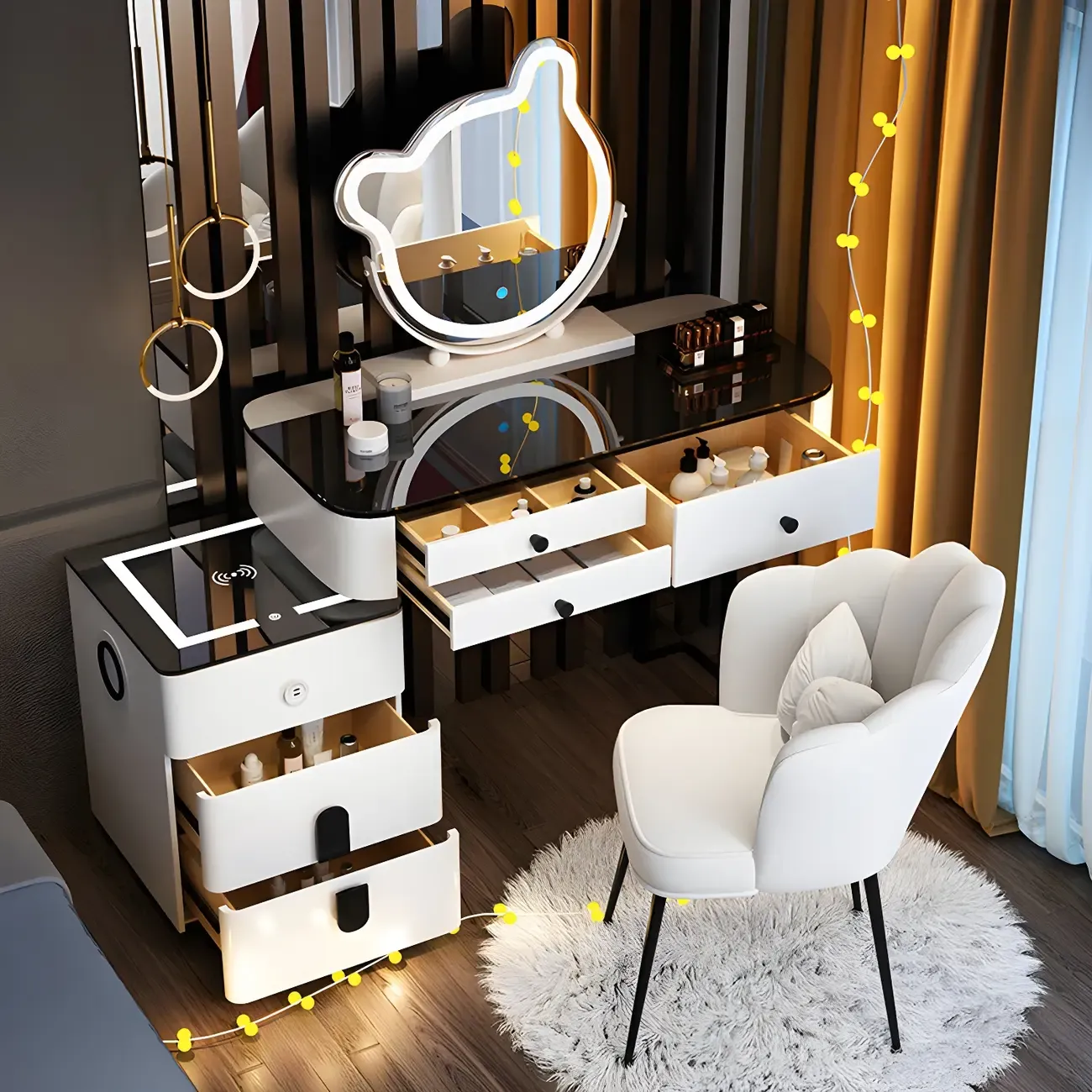 High Capacity Makeup Vanity Set with Lighted Mirror in Bear Shape