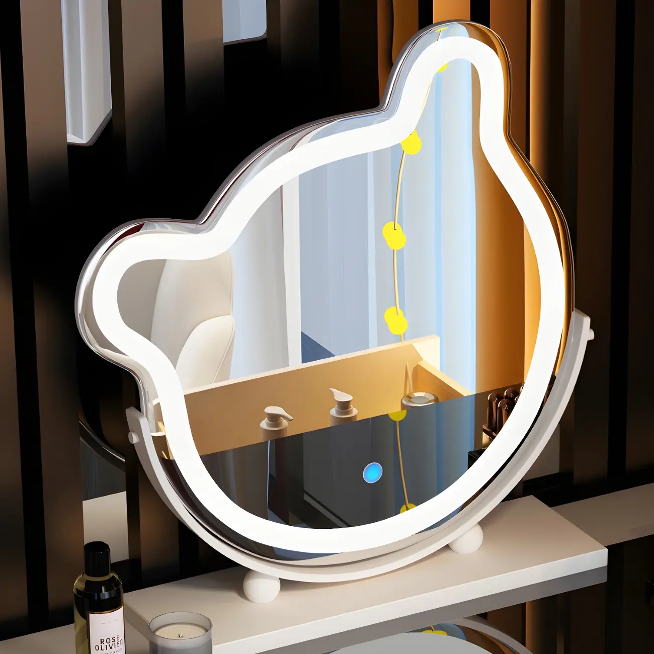 High Capacity Makeup Vanity Set with Lighted Mirror in Bear Shape | homeyfad