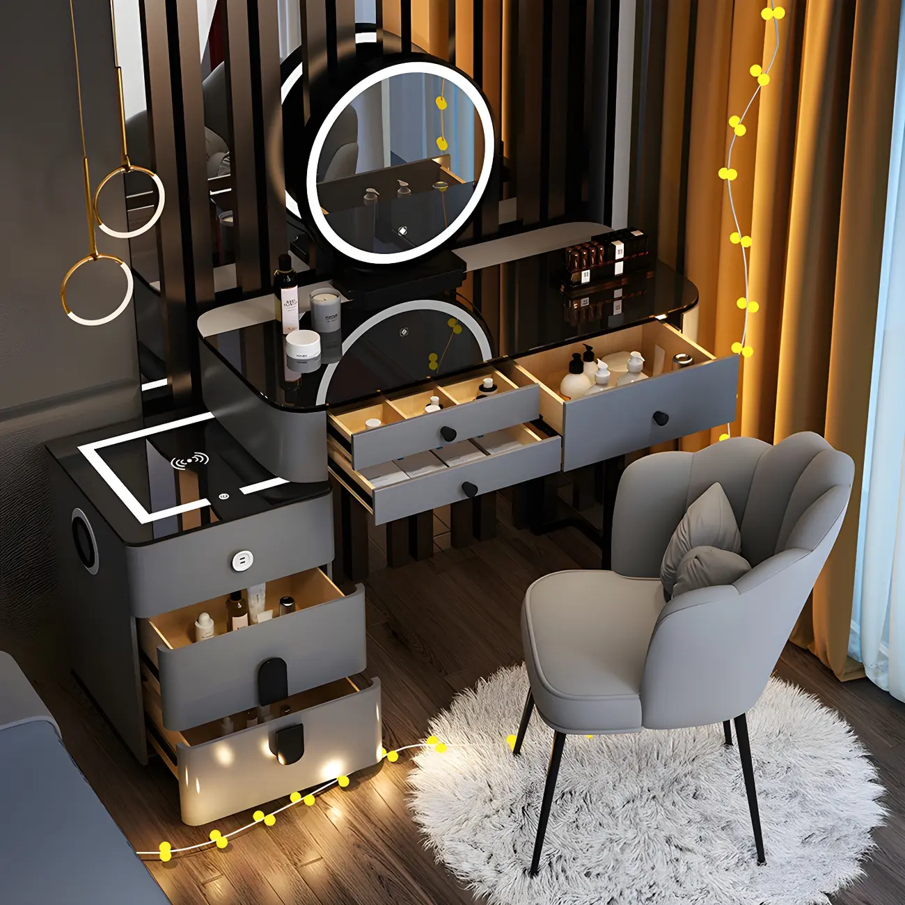 High Capacity Makeup Vanity Set with Lighted Mirror in Bear Shape | homeyfad