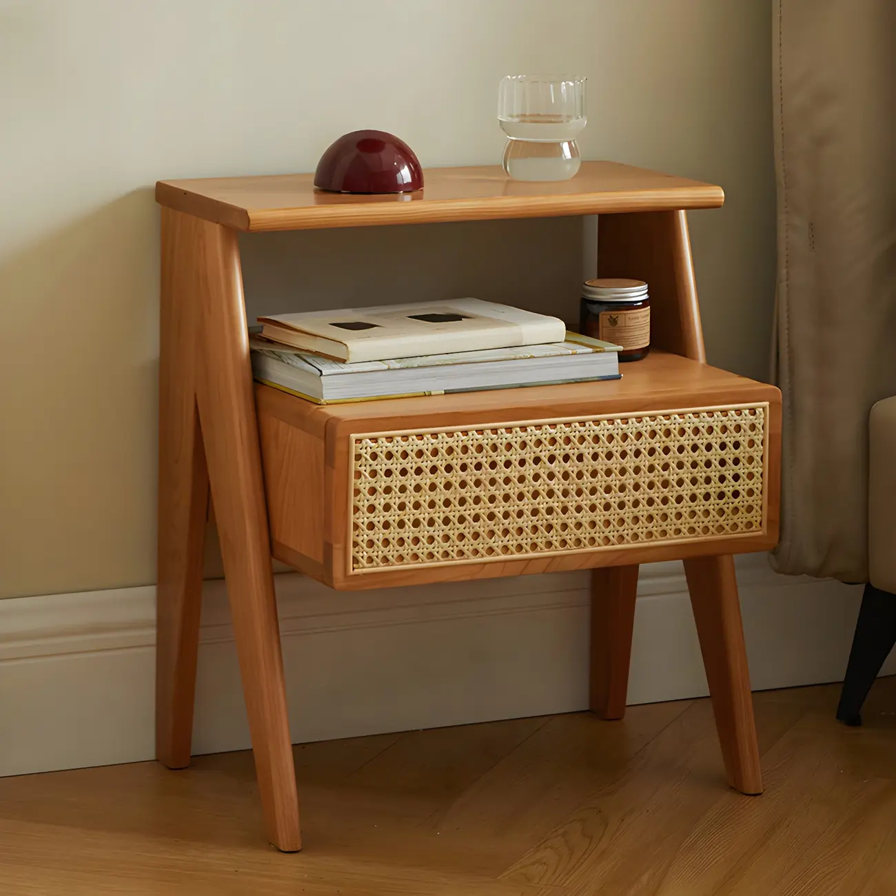 Unique Natural Finish Rattan Wood Nightstand with Storage Image - 3 | homeyfad