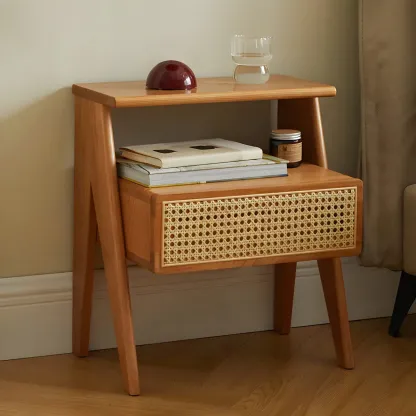 Unique Natural Finish Rattan Wood Nightstand with Storage Image - 3
