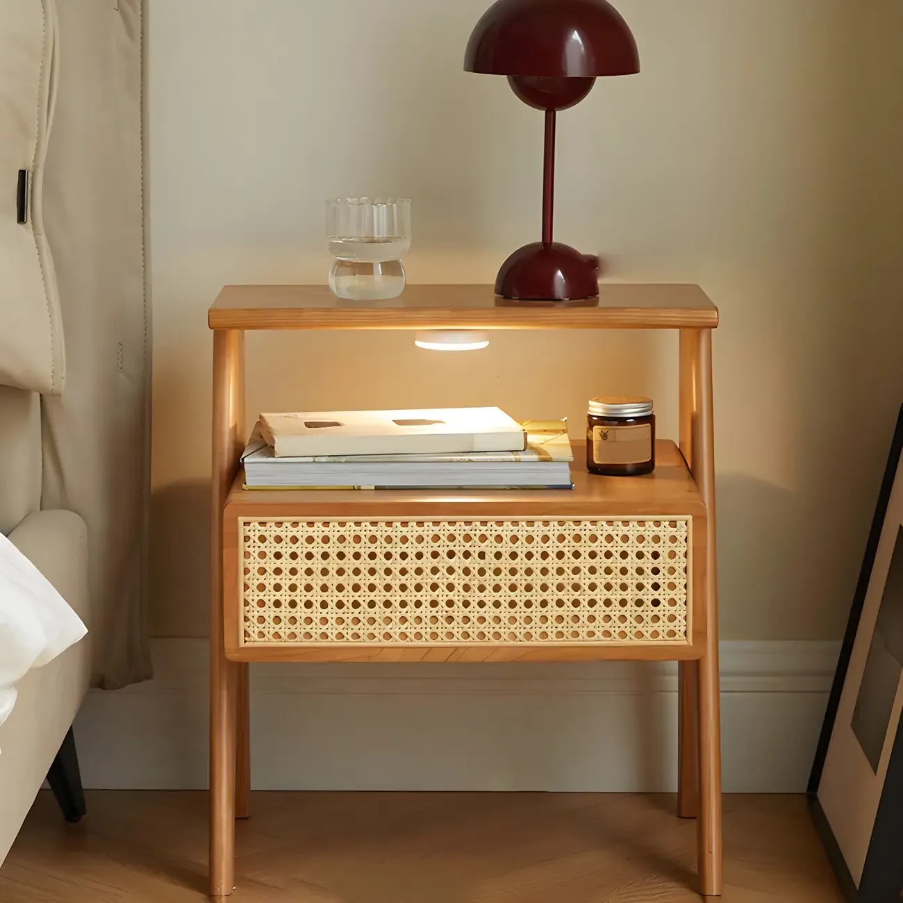 Unique Natural Finish Rattan Wood Nightstand with Storage Image - 2