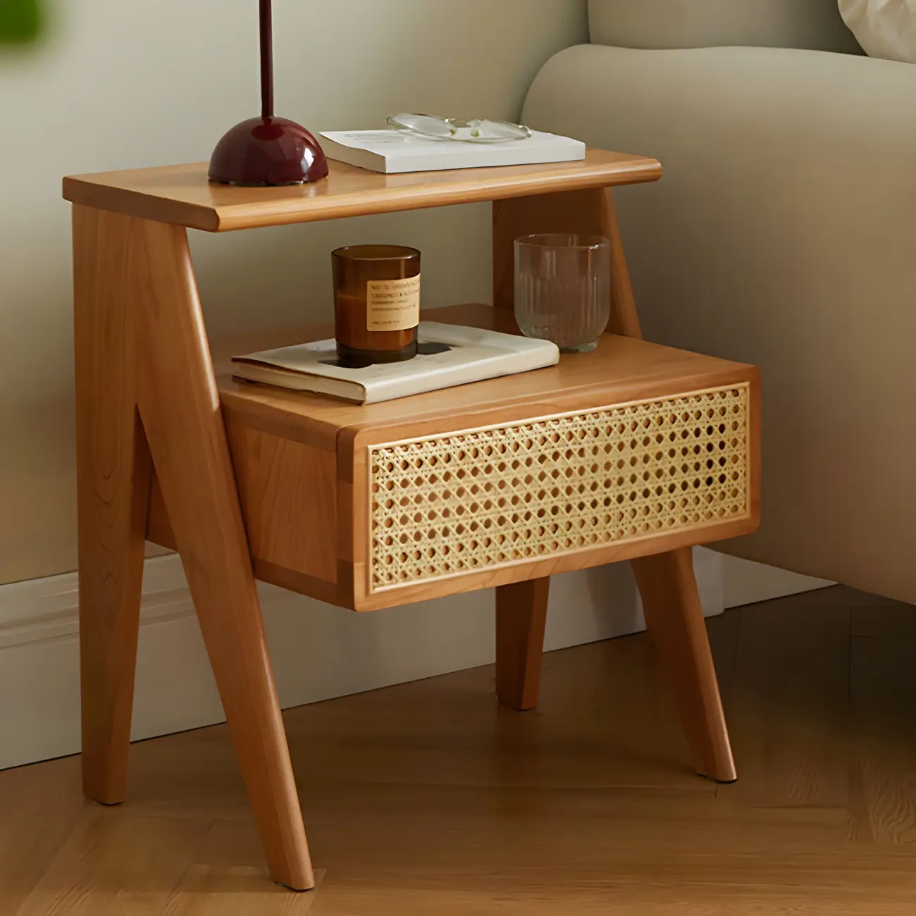 Unique Natural Finish Rattan Wood Nightstand with Storage Image - 4 | homeyfad