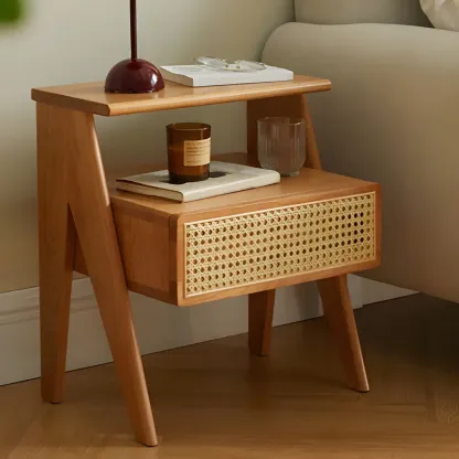 Unique Natural Finish Rattan Wood Nightstand with Storage Image - 4