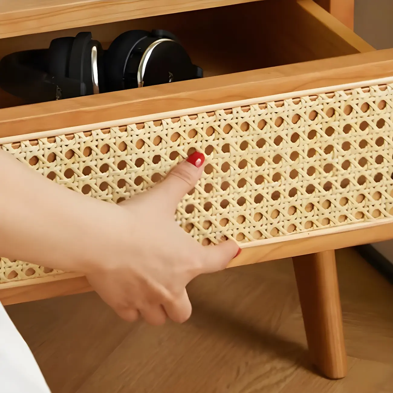 Unique Natural Finish Rattan Wood Nightstand with Storage Image - 10 | homeyfad