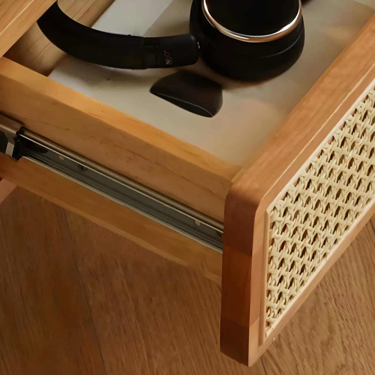 Unique Natural Finish Rattan Wood Nightstand with Storage Image - 8 | homeyfad