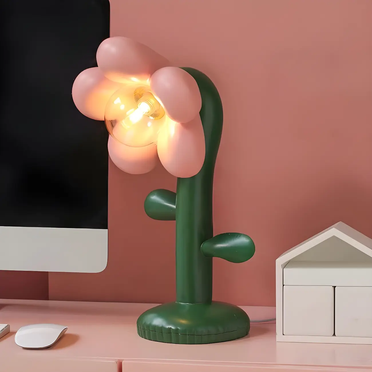 Pink Flower Resin Kids LED Lamp with Plug-In Electric | homeyfad