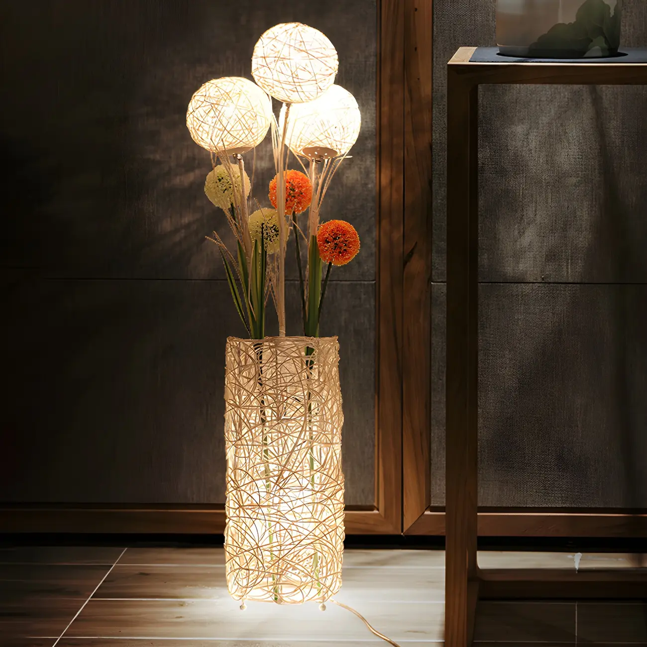 Wooden 43” Column Rattan Floor Lamp with LED & Foot Switch  Image - 4 | homeyfad