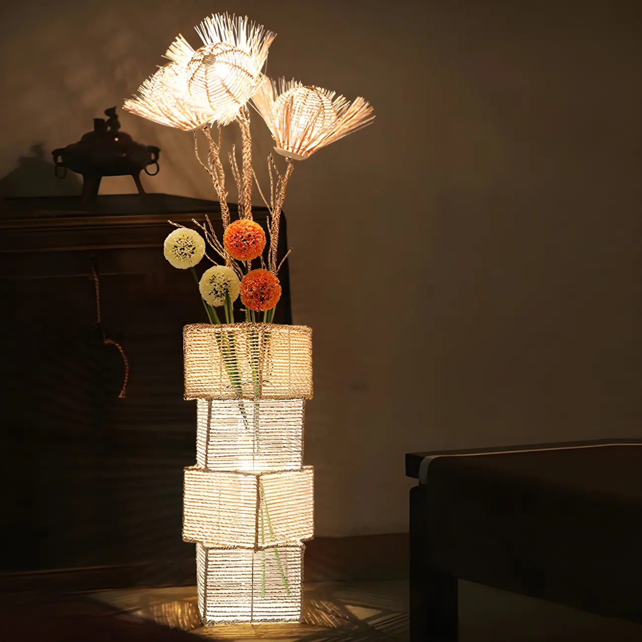 Wooden 43” Column Rattan Floor Lamp with LED & Foot Switch  Image - 7 | homeyfad