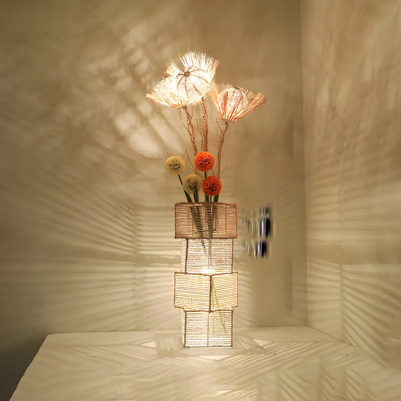 Wooden 43” Column Rattan Floor Lamp with LED & Foot Switch  Image - 8