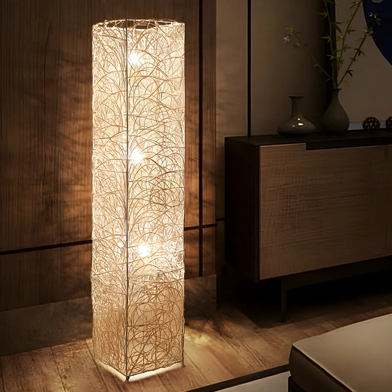 Wooden 43” Column Rattan Floor Lamp with LED & Foot Switch  Image - 14 | homeyfad
