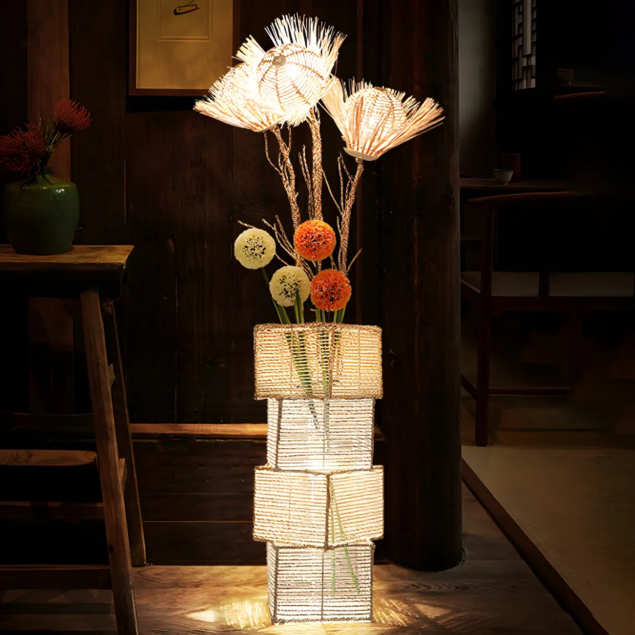 Wooden 43” Column Rattan Floor Lamp with LED & Foot Switch  Image - 15 | homeyfad