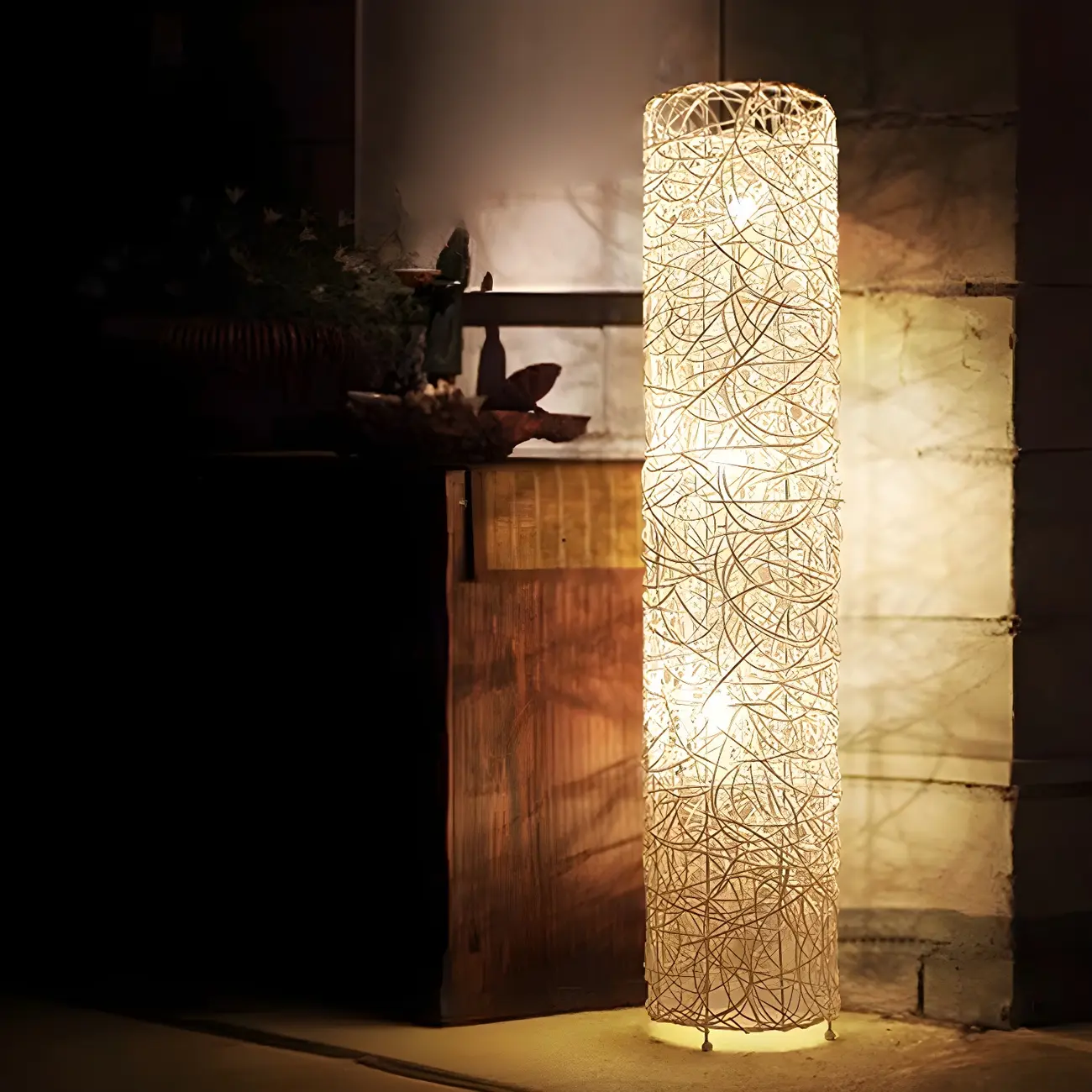 Wooden 43” Column Rattan Floor Lamp with LED & Foot Switch  Image - 16 | homeyfad
