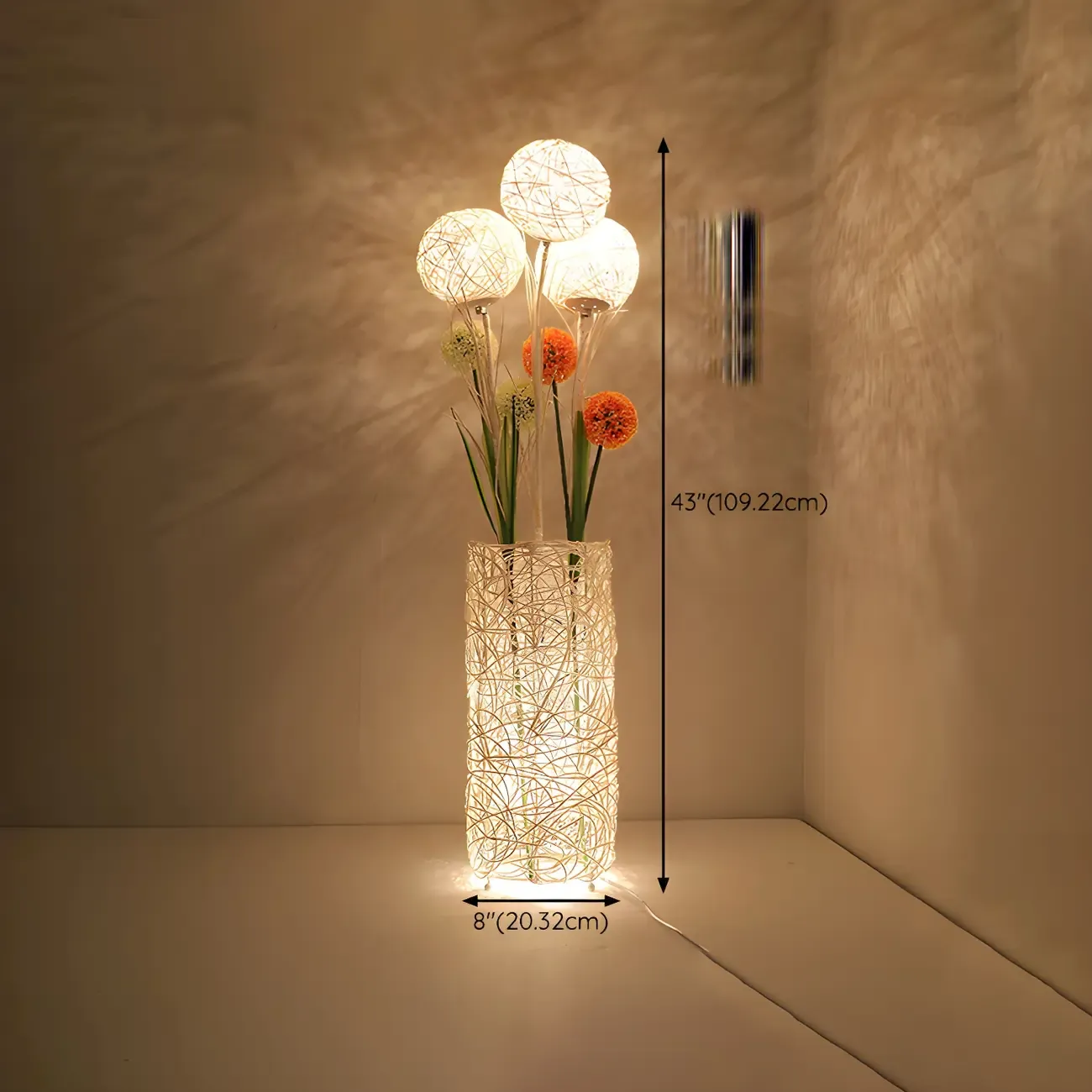 Wooden 43” Column Rattan Floor Lamp with LED & Foot Switch  #size