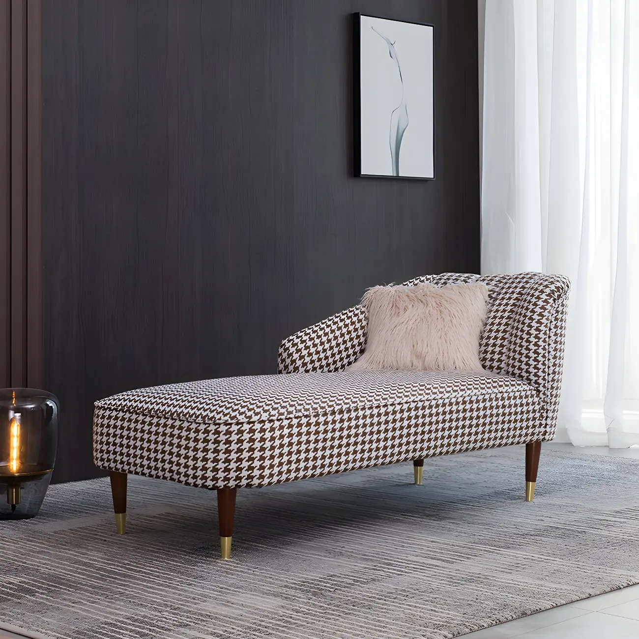Glam Brown Linen Blend Houndstooth Chaise Lounge Image - 1 | homeyfad