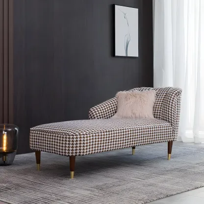 Glam Brown Linen Blend Houndstooth Chaise Lounge Image - 1