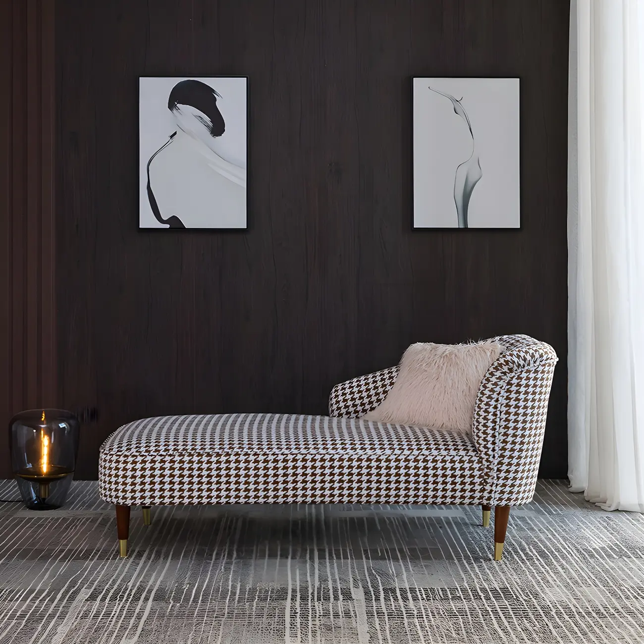 Glam Brown Linen Blend Houndstooth Chaise Lounge Image - 2 | homeyfad