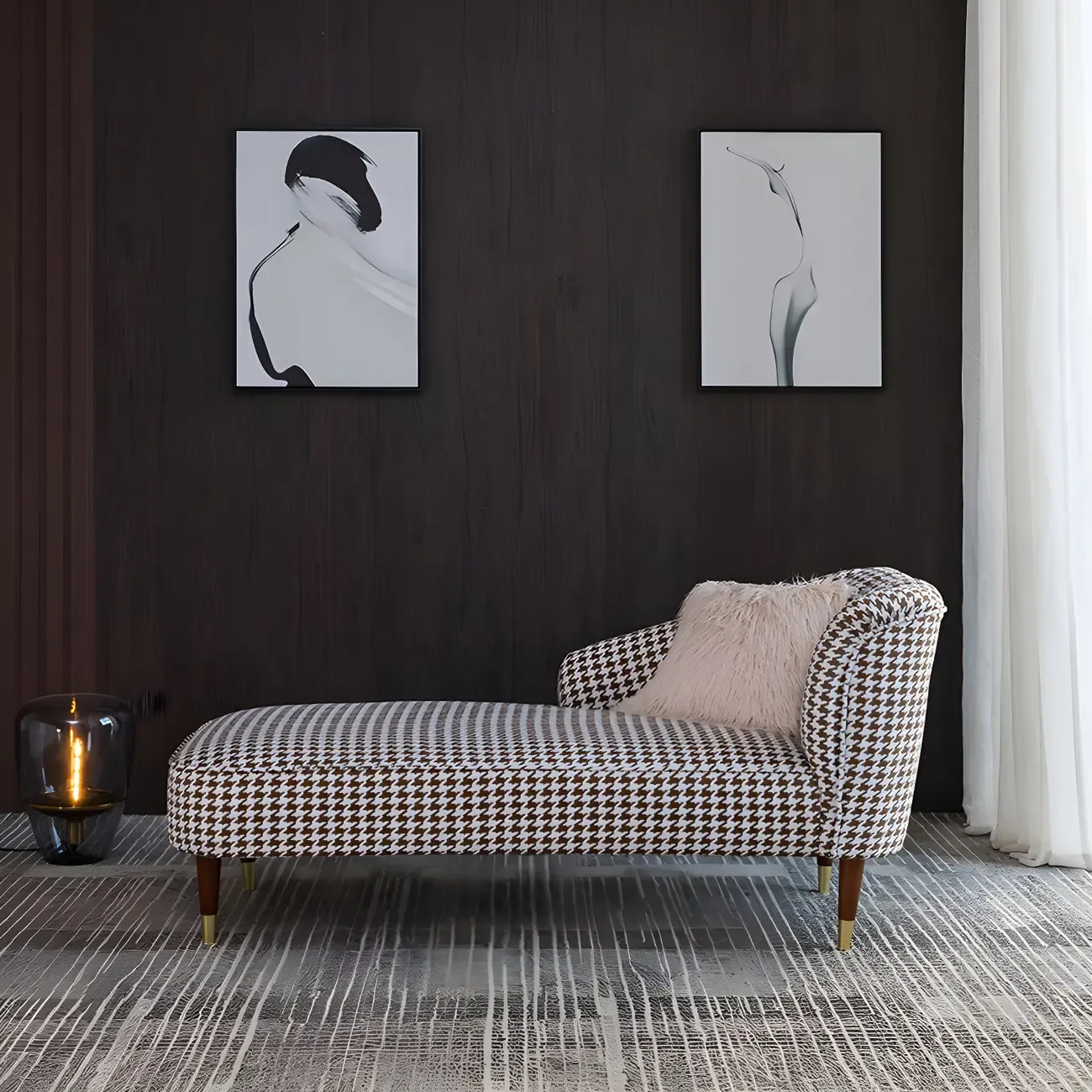 Glam Brown Linen Blend Houndstooth Chaise Lounge Image - 2