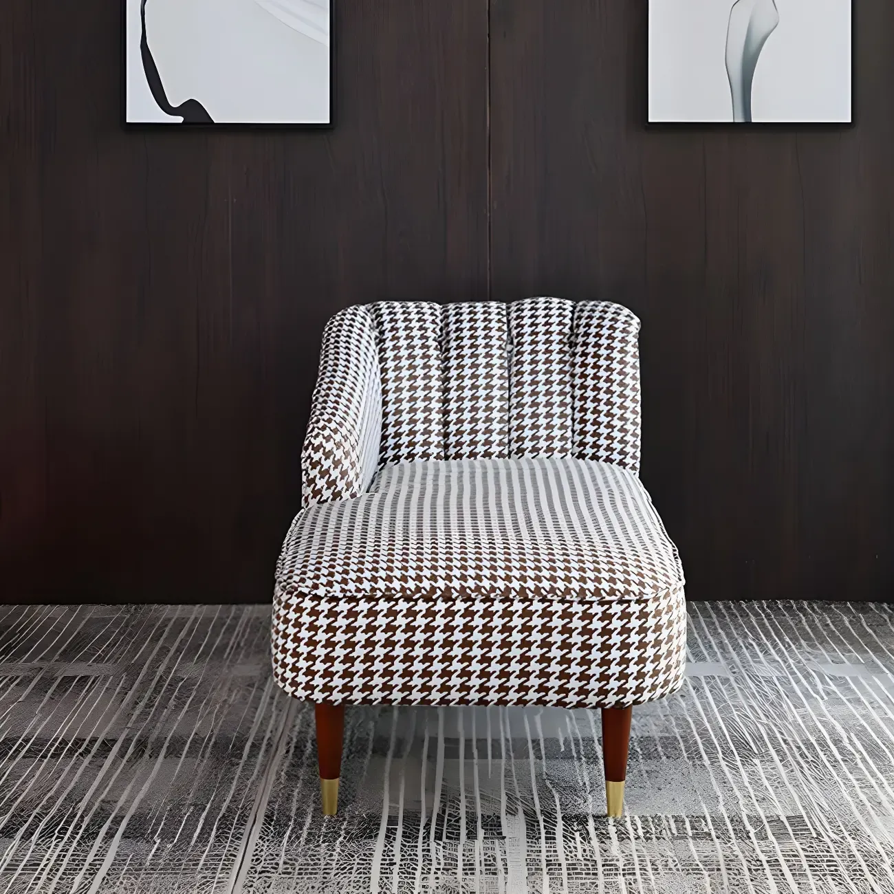 Glam Brown Linen Blend Houndstooth Chaise Lounge Image - 3