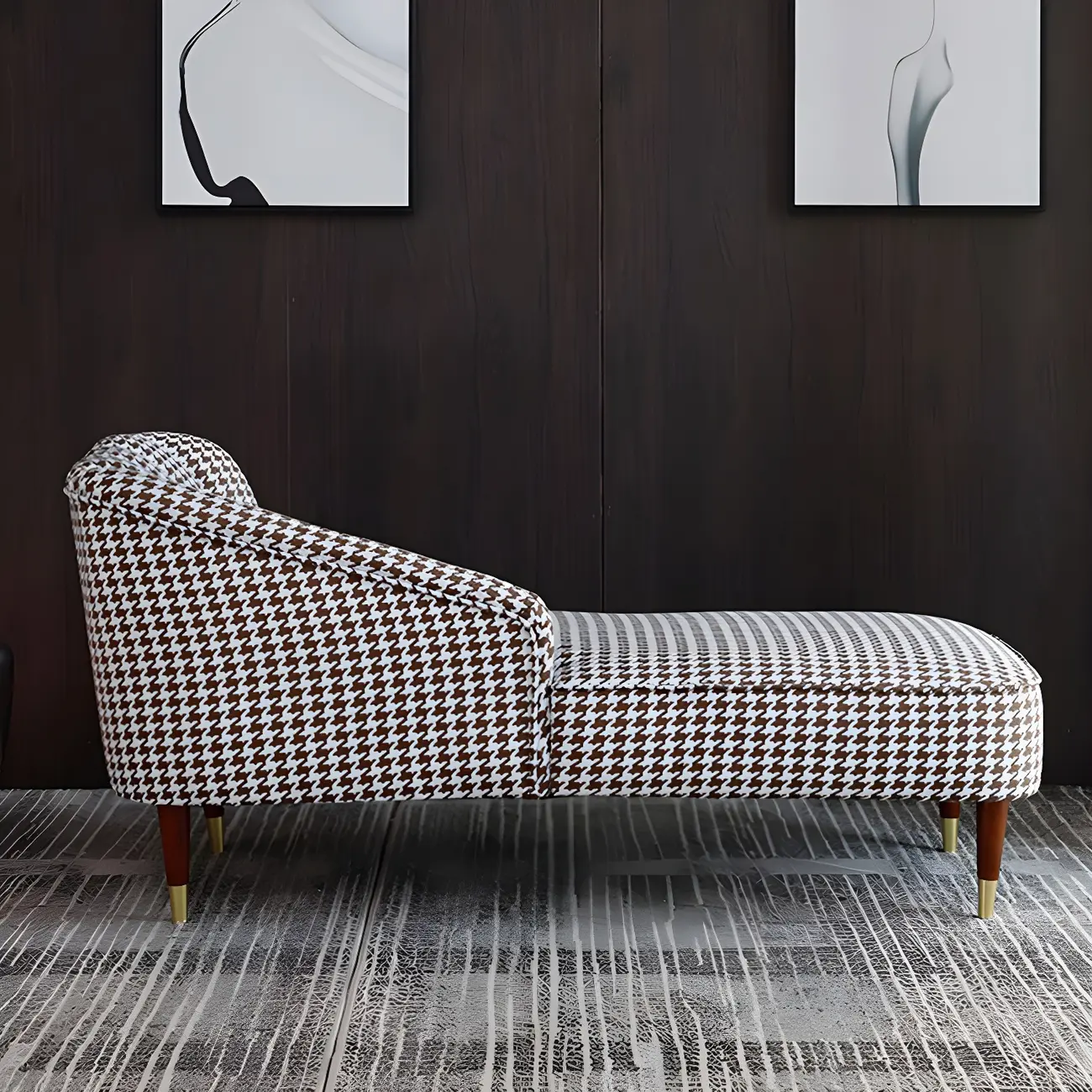 Glam Brown Linen Blend Houndstooth Chaise Lounge Image - 4 | homeyfad