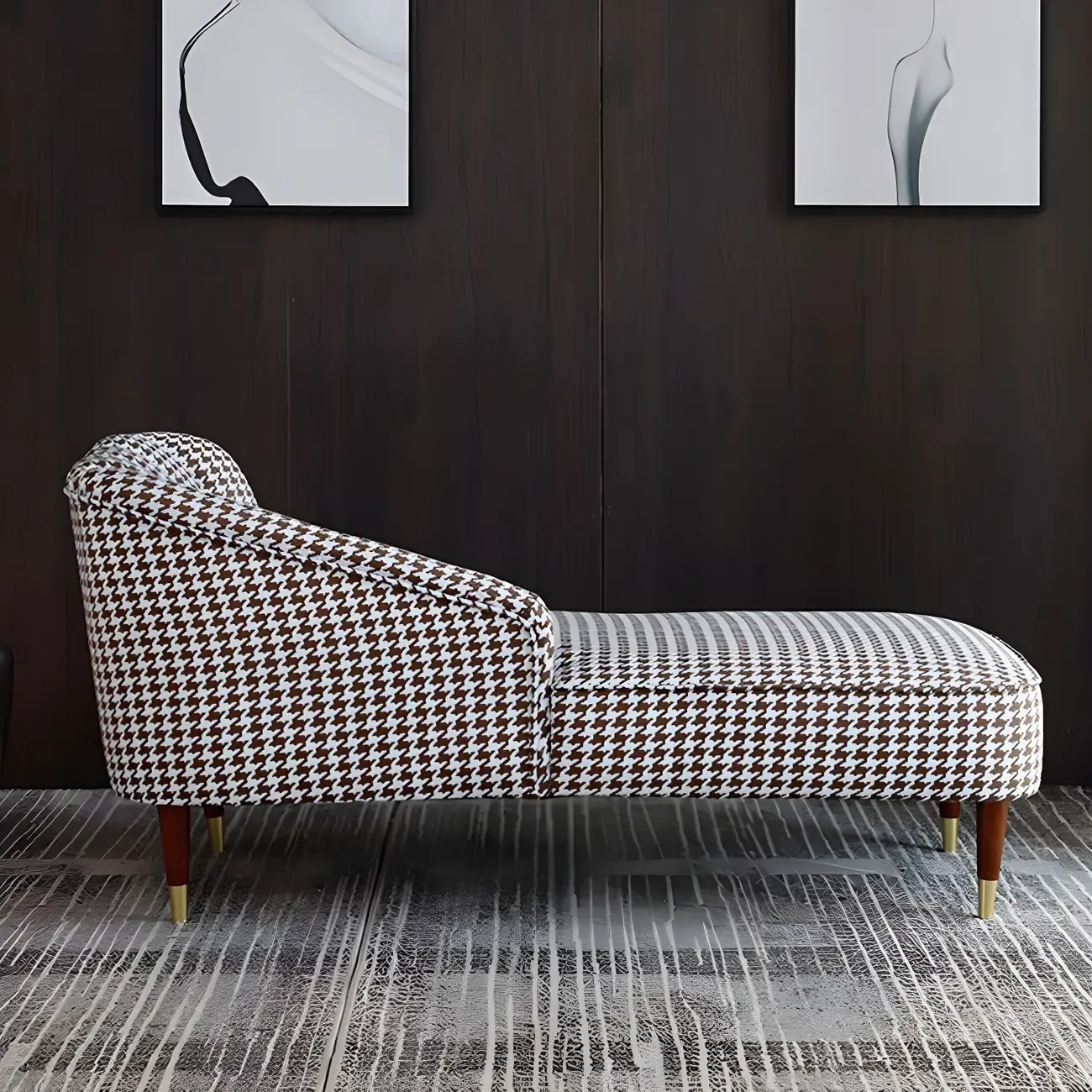 Glam Brown Linen Blend Houndstooth Chaise Lounge Image - 4