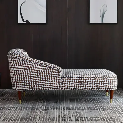 Glam Brown Linen Blend Houndstooth Chaise Lounge Image - 4