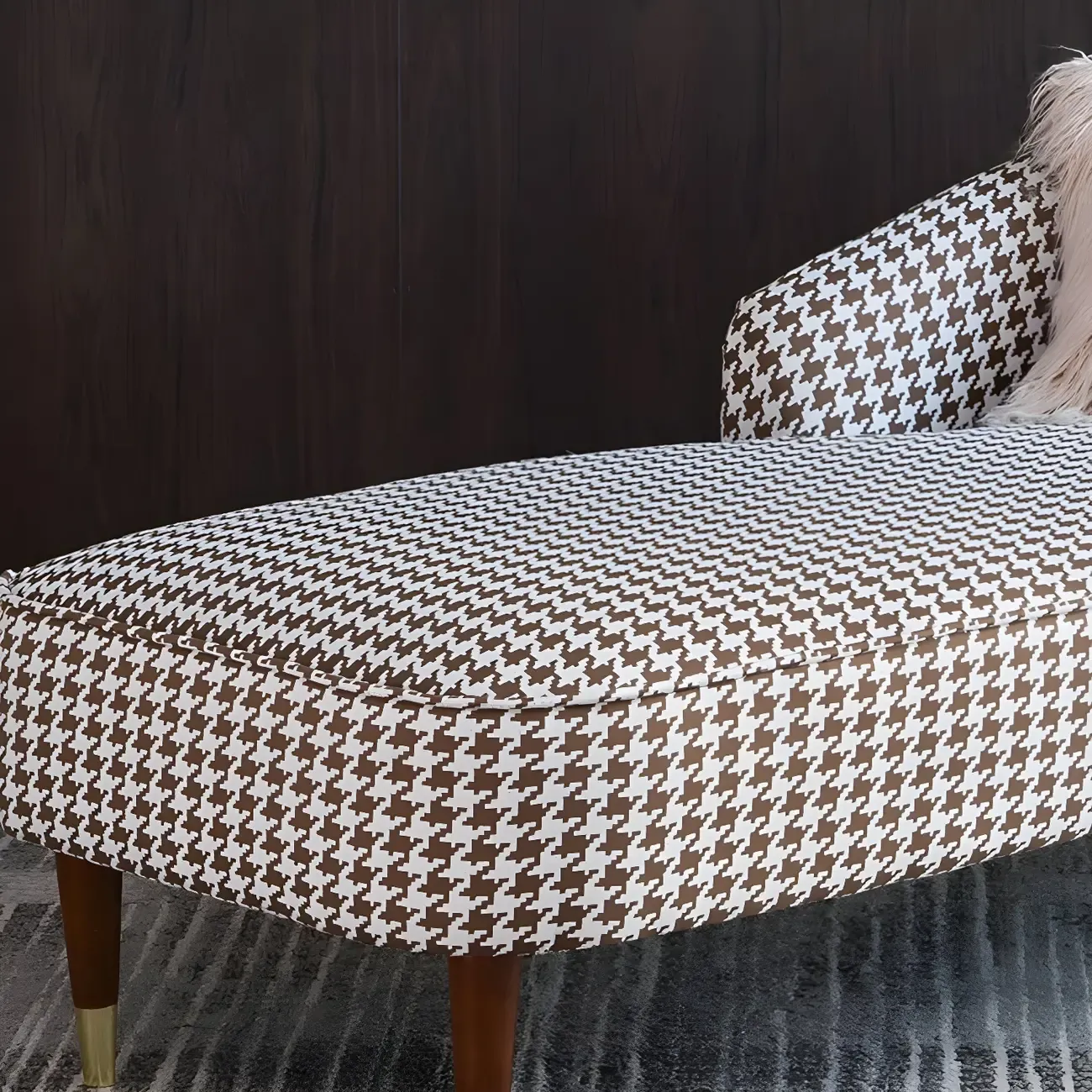 Glam Brown Linen Blend Houndstooth Chaise Lounge Image - 8