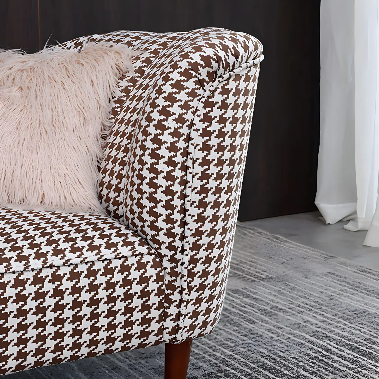 Glam Brown Linen Blend Houndstooth Chaise Lounge Image - 9 | homeyfad