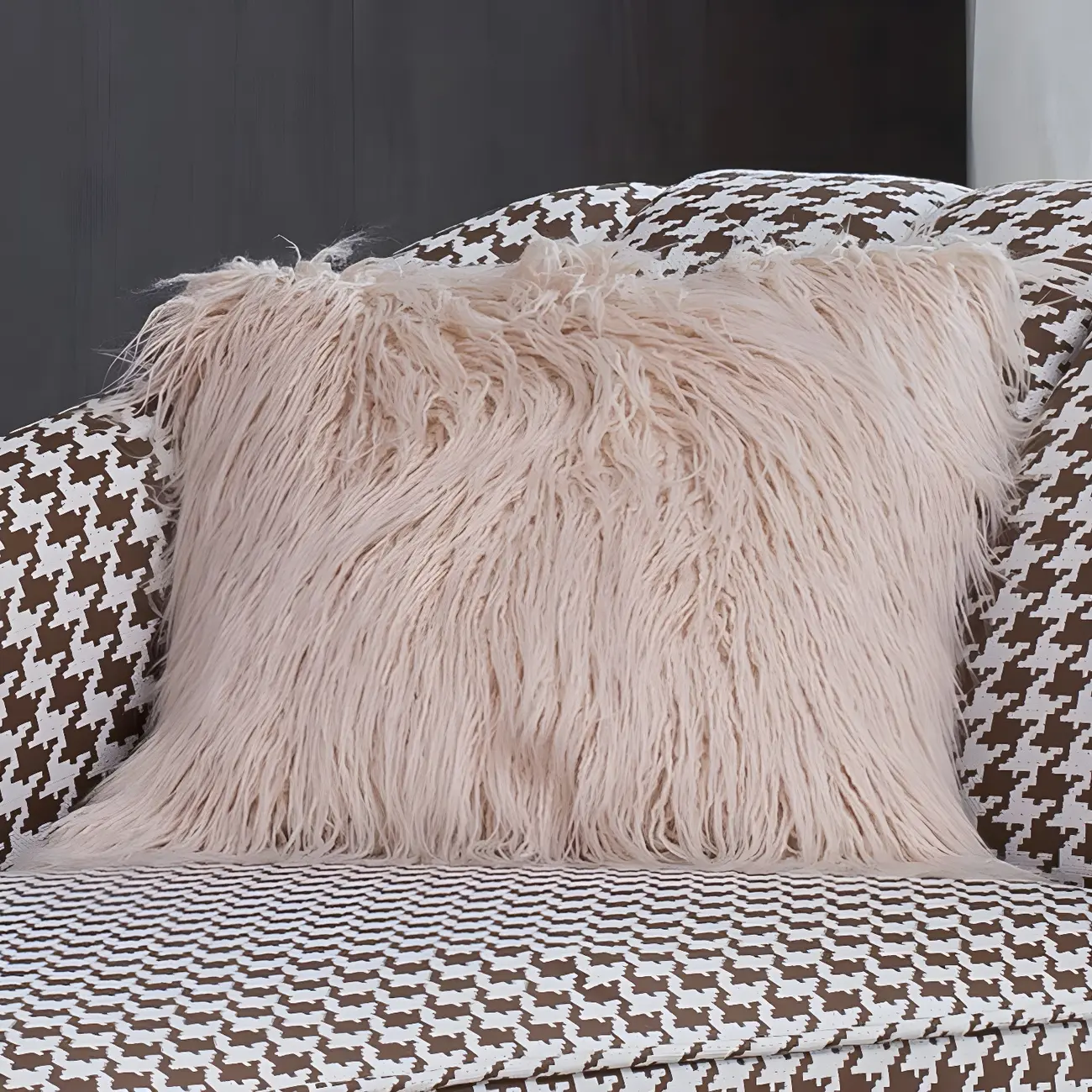 Glam Brown Linen Blend Houndstooth Chaise Lounge Image - 11 | homeyfad
