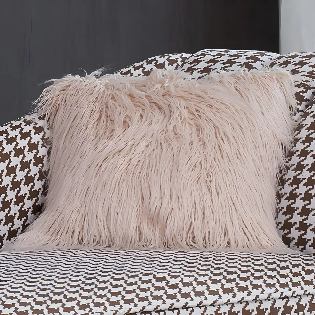 Glam Brown Linen Blend Houndstooth Chaise Lounge Image - 11