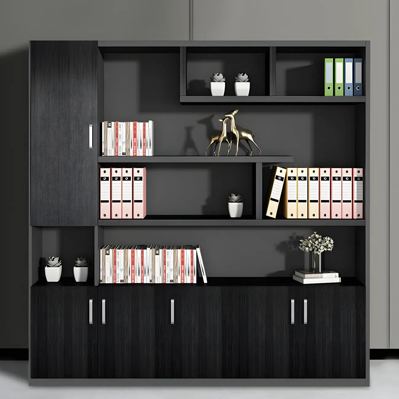 Contemporary Wooden Vertical Filing Cabinet with Open Shelves Image - 3