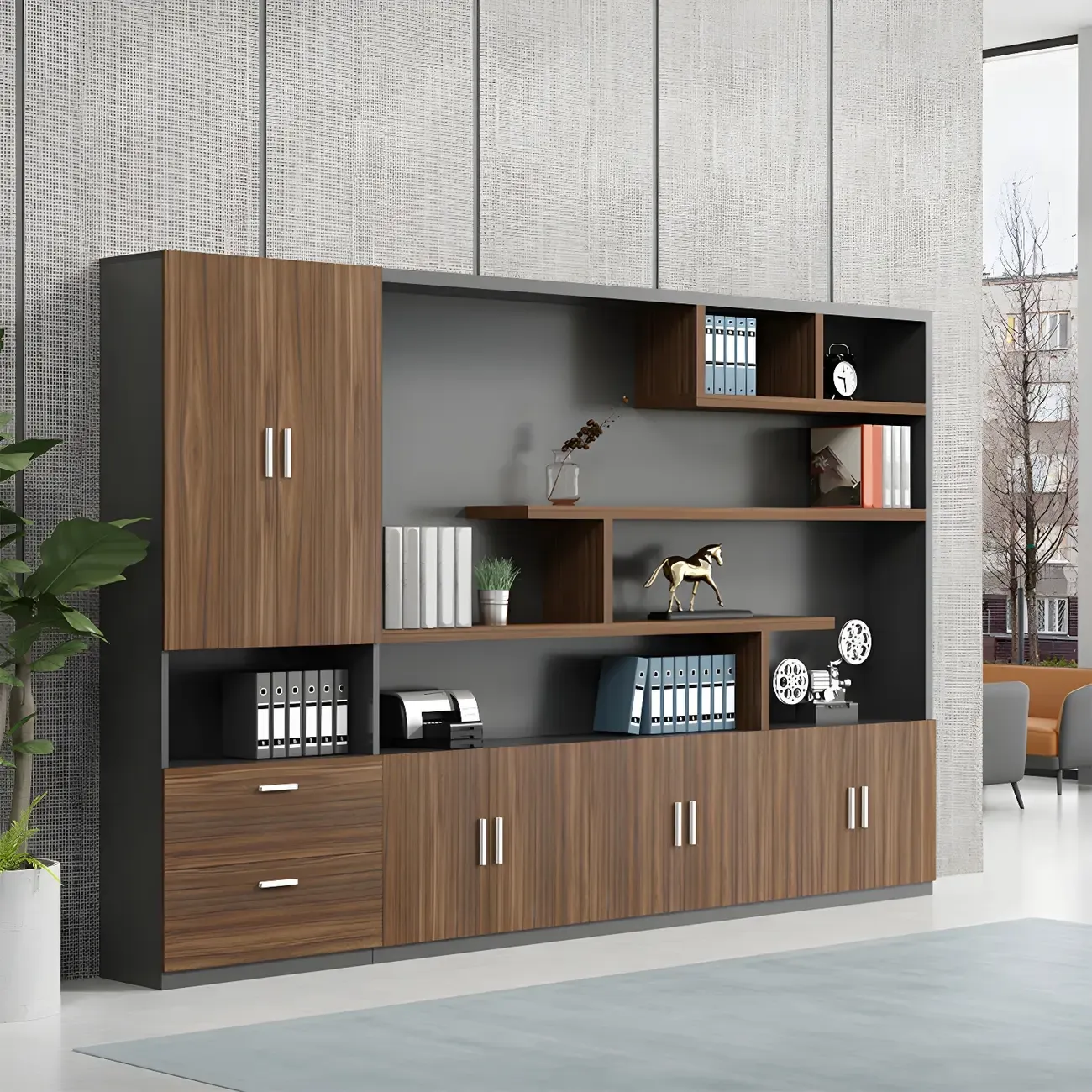 Contemporary Wooden Vertical Filing Cabinet with Open Shelves Image - 1