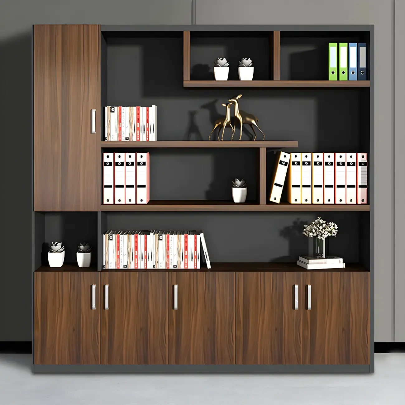 Contemporary Wooden Vertical Filing Cabinet with Open Shelves Image - 7