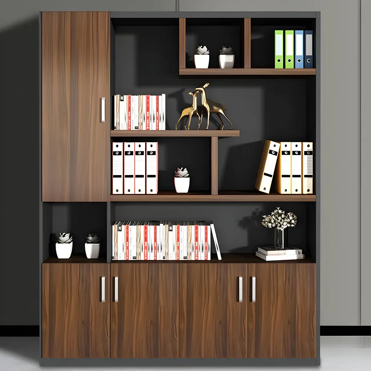 Contemporary Wooden Vertical Filing Cabinet with Open Shelves Image - 9