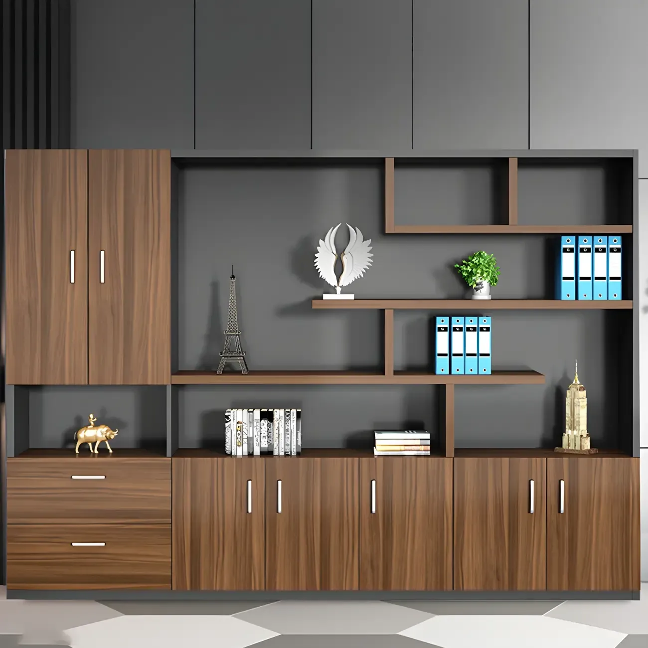 Contemporary Wooden Vertical Filing Cabinet with Open Shelves Image - 16