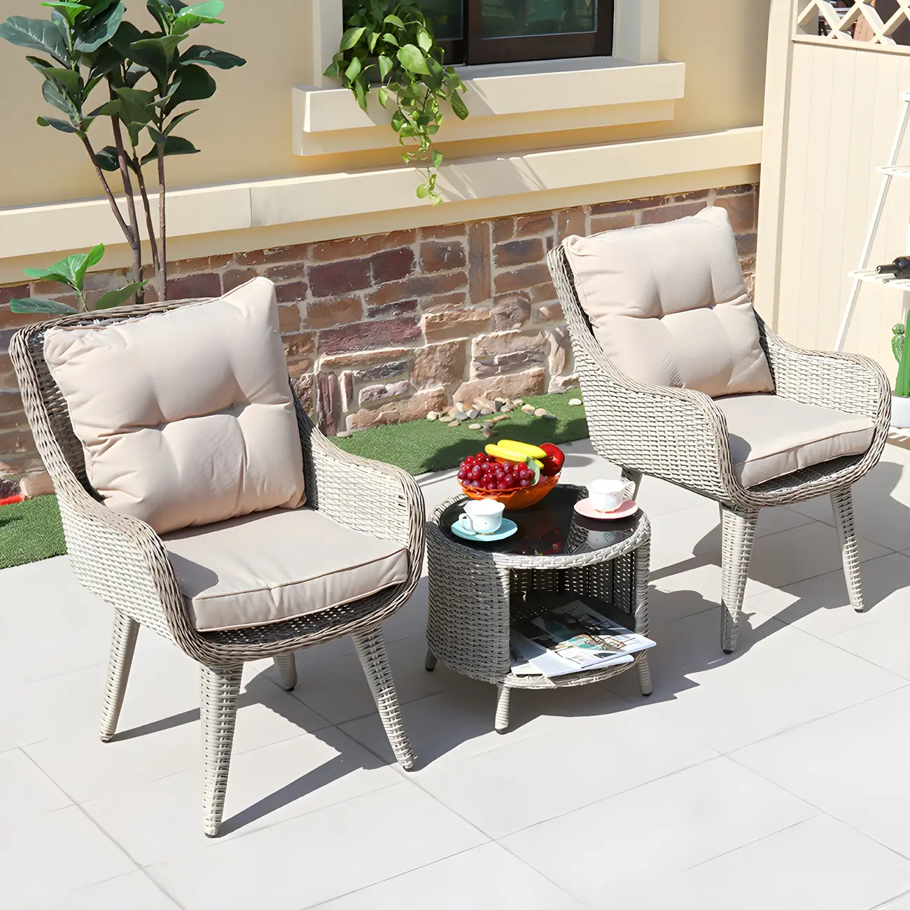 Weatherproof Bohemian 3 Piece Wicker Outdoor Dining Set Image - 2 | homeyfad