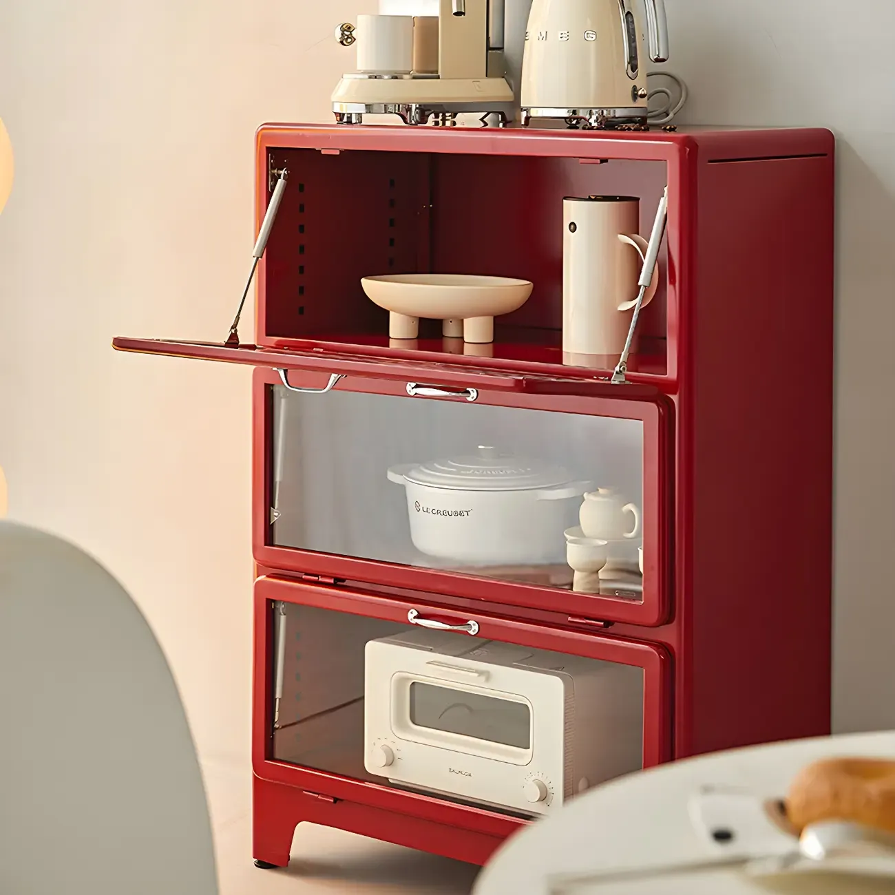 Glam Red Steel China Cabinet with Glass Doors for Dining Room Image - 1