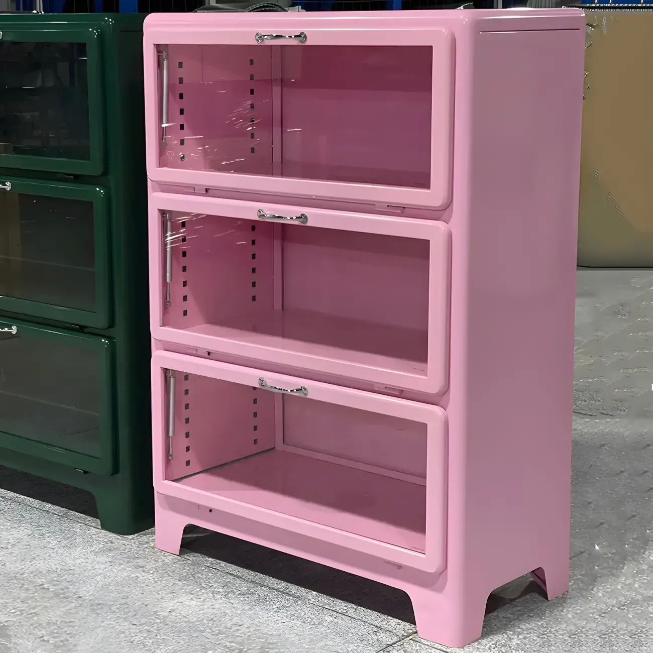 Glam Red Steel China Cabinet with Glass Doors for Dining Room Image - 4