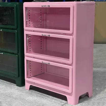 Glam Red Steel China Cabinet with Glass Doors for Dining Room Image - 4