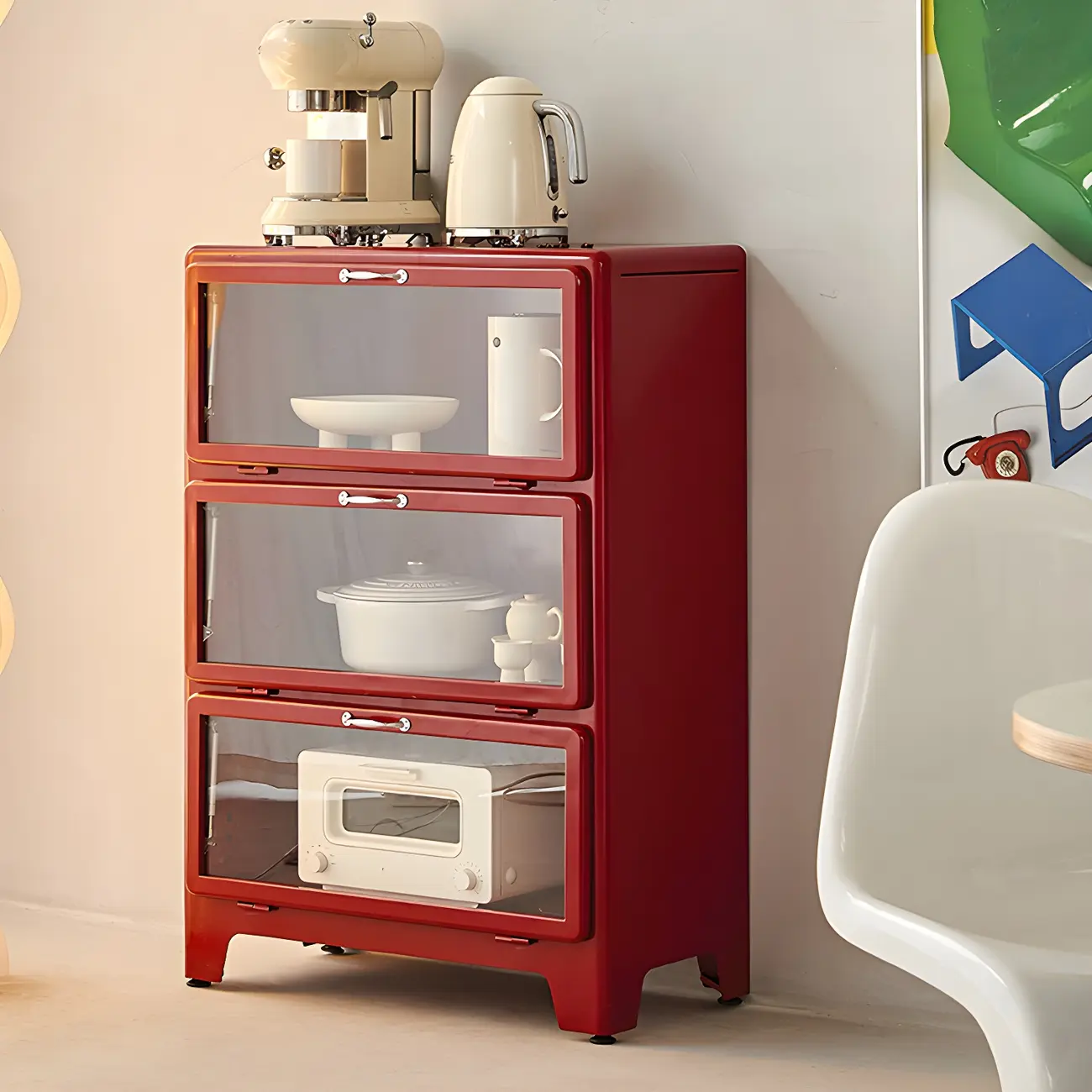 Glam Red Steel China Cabinet with Glass Doors for Dining Room Image - 5 | homeyfad